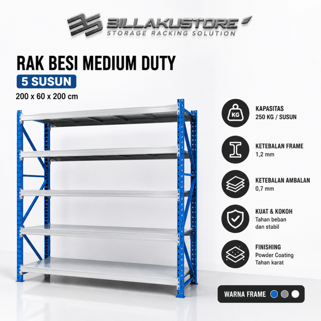 Rak Besi Medium Duty 200x60x200 cm 5 Susun Kapasitas 250 Kg per Susun