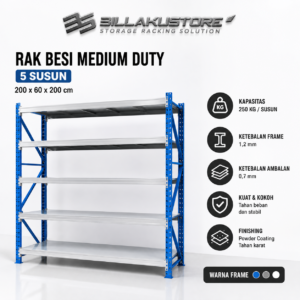 Rak Besi Medium Duty 200x60x200 cm 5 Susun Kapasitas 250 Kg per Susun