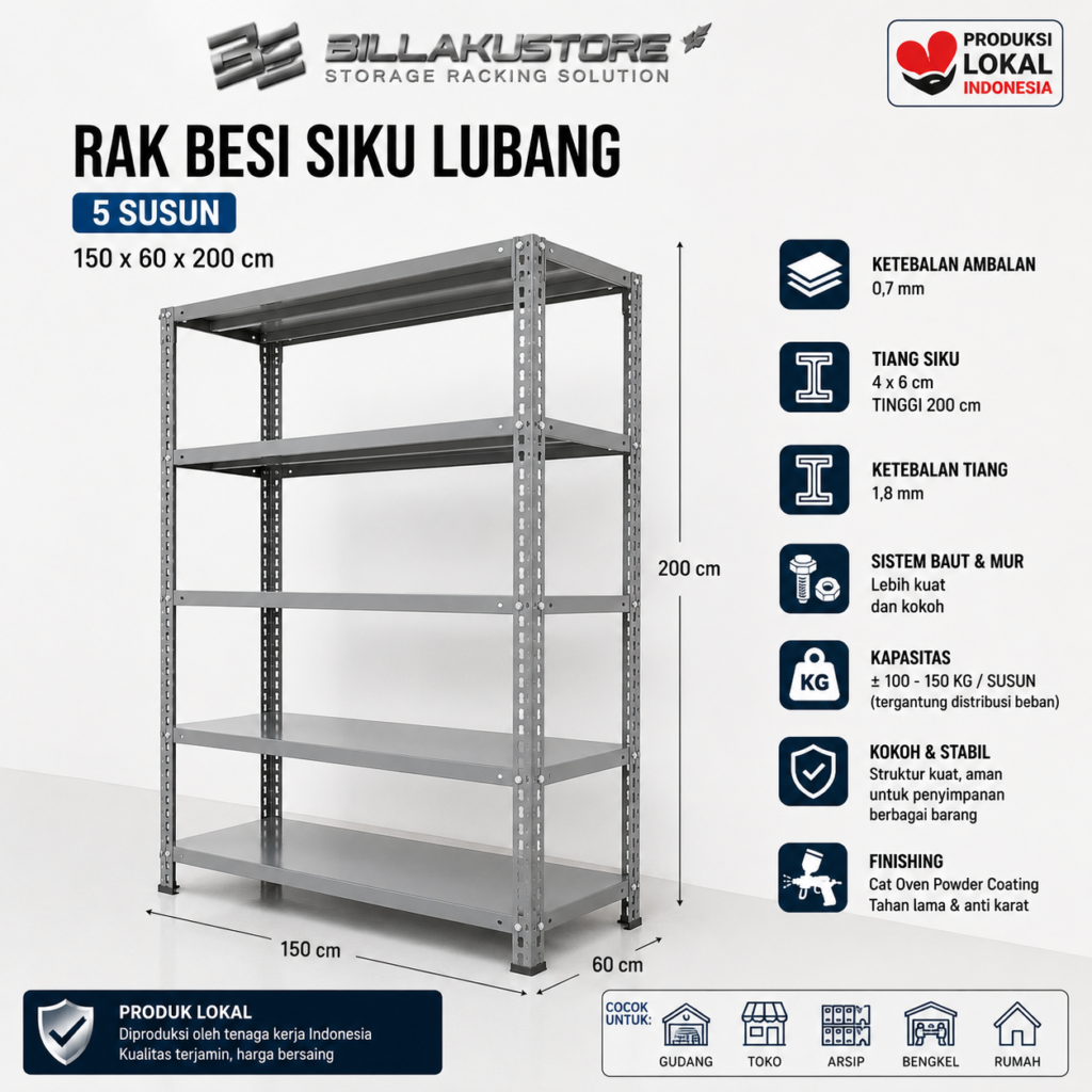 Rak Besi Siku Lubang 150x60x200 cm 5 Susun Tebal 0,7 mm