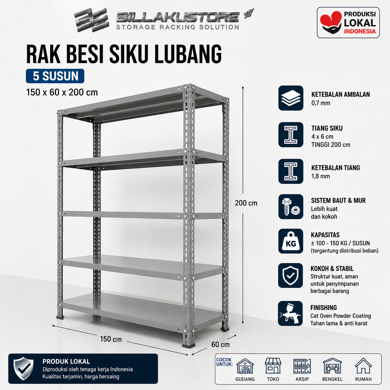 Rak Besi Siku Lubang 150x60x200 cm 5 Susun Tebal 0,7 mm