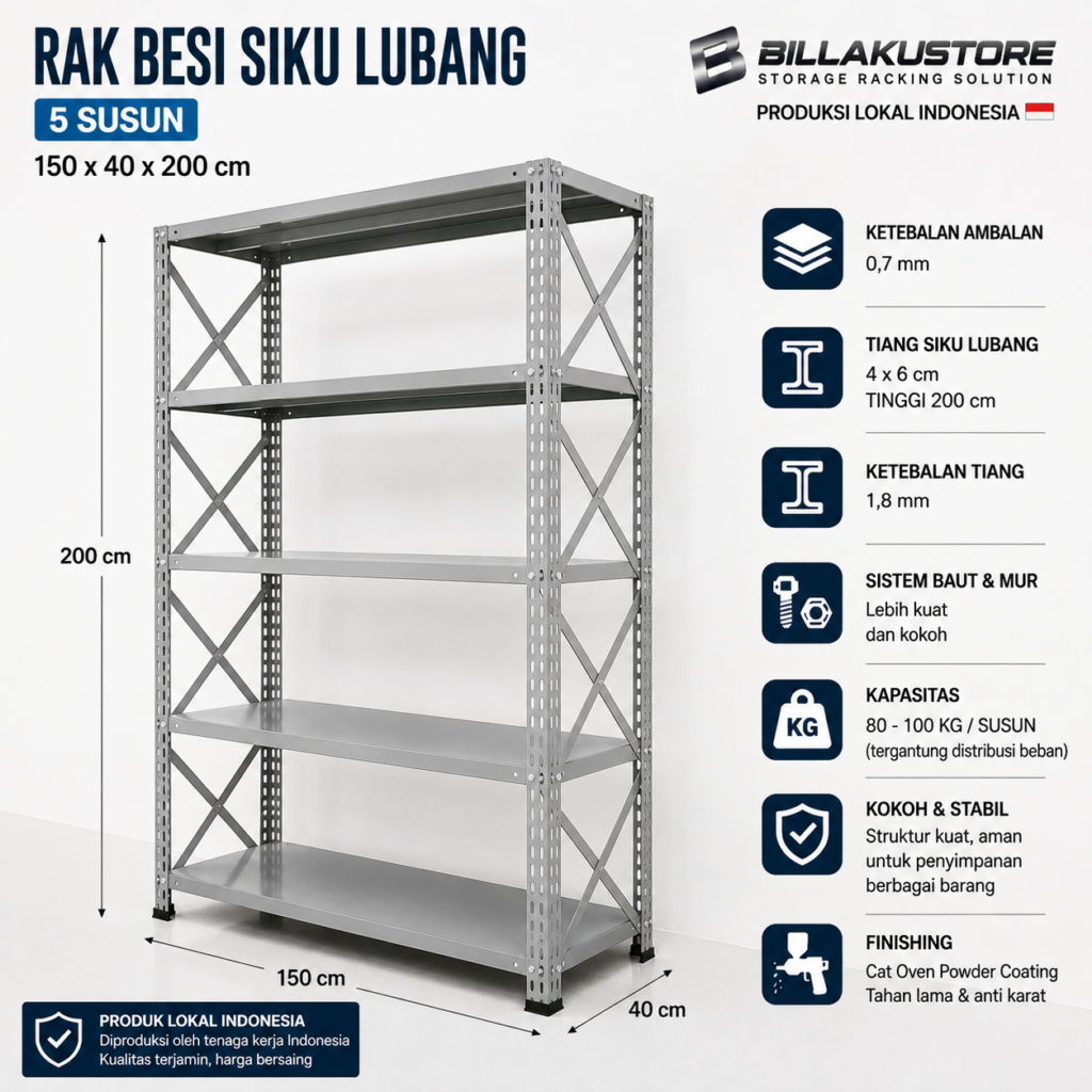 Rak Besi Siku Lubang 150x40x200 5 Susun Pakai Palang