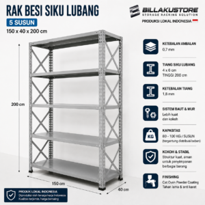 Rak Besi Siku Lubang 150x40x200 5 Susun Pakai Palang