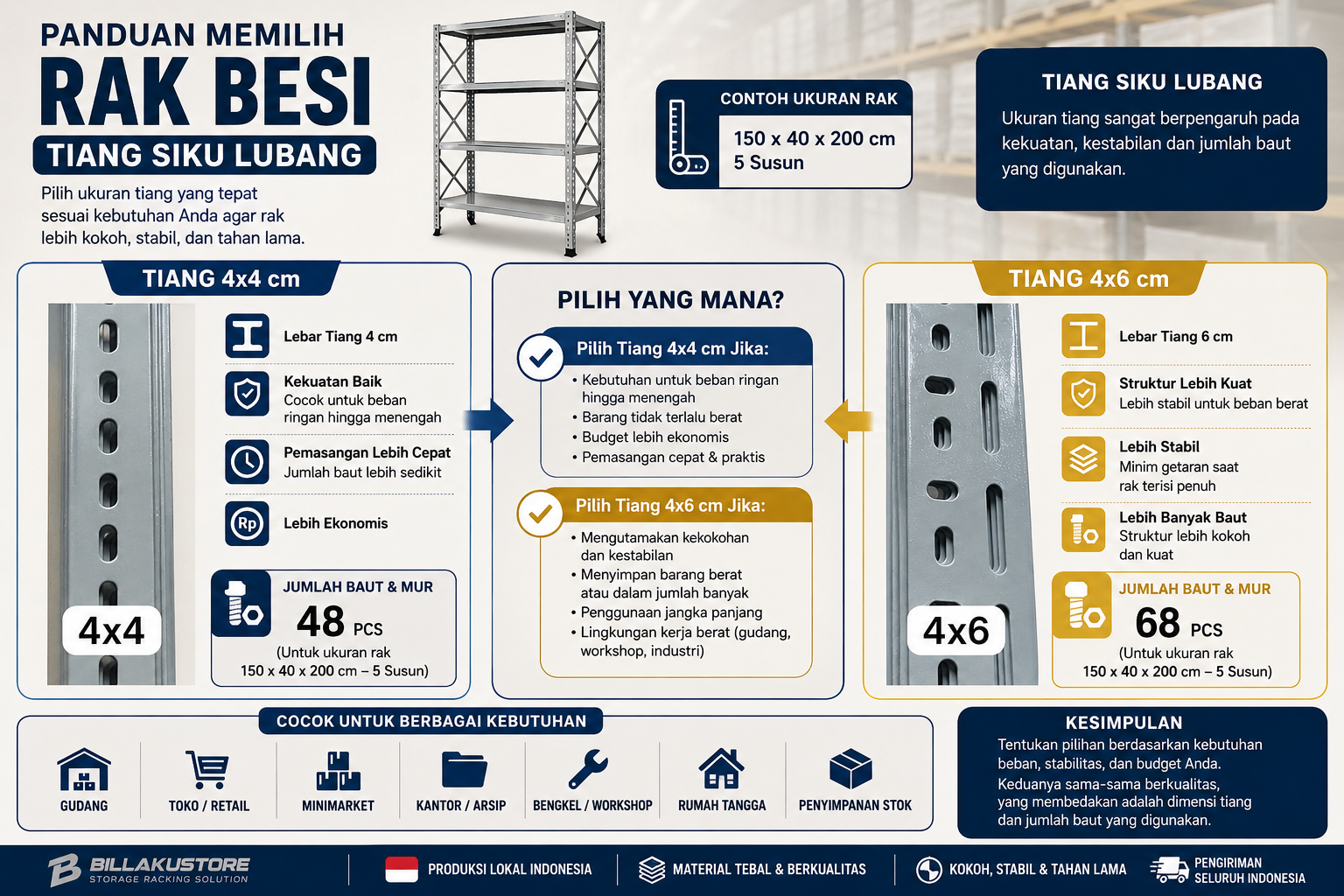 Panduan Memilih Tiang Rak Besi Siku Lubang 4×4 cm vs 4×6 cm