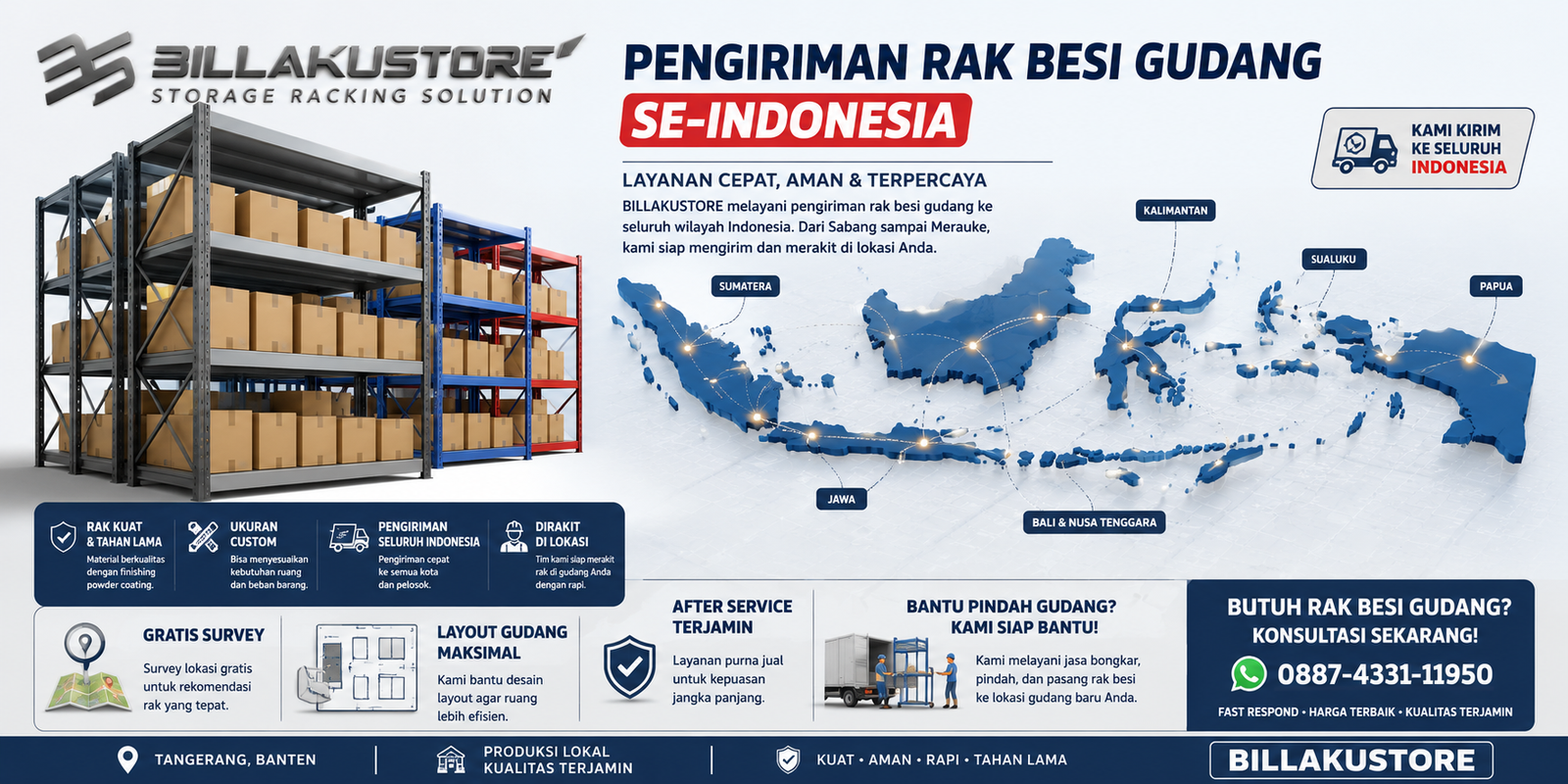 Pengiriman Rak Besi Gudang Se-Indonesia dari Tangerang – Billakustore Siap Kirim, Rakit, dan Tata Gudang Anda